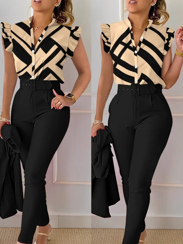 Conjunto elegante de dos piezas ajustado para mujer, moda de verano, estampado de cuello en V, botones, manga acampanada, camisa y pantalón largo liso con cinturón