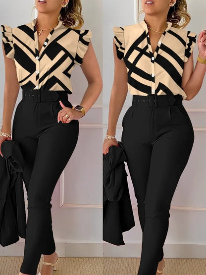 Conjunto elegante de dos piezas ajustado para mujer, moda de verano, estampado de cuello en V, botones, manga acampanada, camisa y pantalón largo liso con cinturón