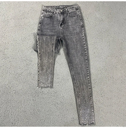 Spring Summer 2024 New Fashion Harem Denim Pants Female Rhinestones Korean Version High Waist Slim Elastic Jeans Pencil Pants