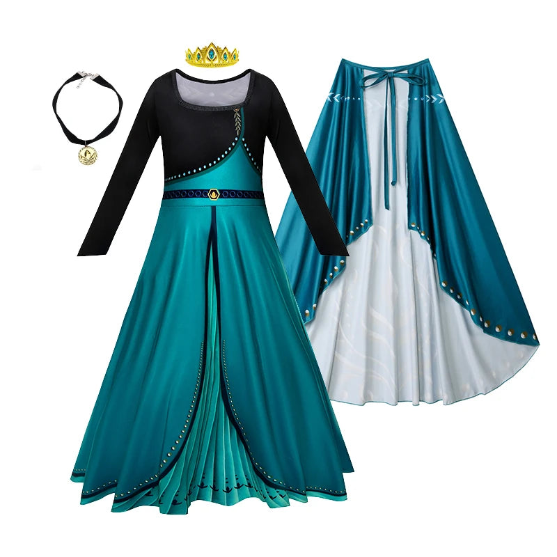 Girls Party Elegant Dresses Anna Princess Girl Cosplay Costume Dark Green Dress With Cloak Carnival Party Kids Birthday Clothes