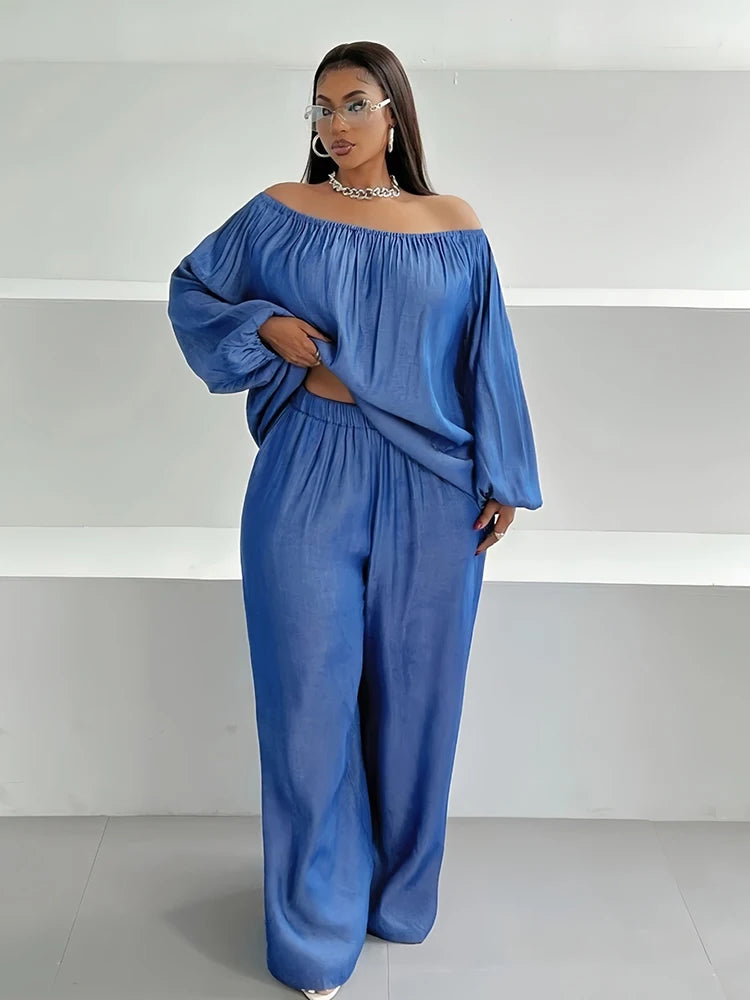 2-piece Wide Leg Faux Denim Suits for Women Plus Size Spring Outfits Off Shoulder Top and Pants Sets Wholesale Dropshipping