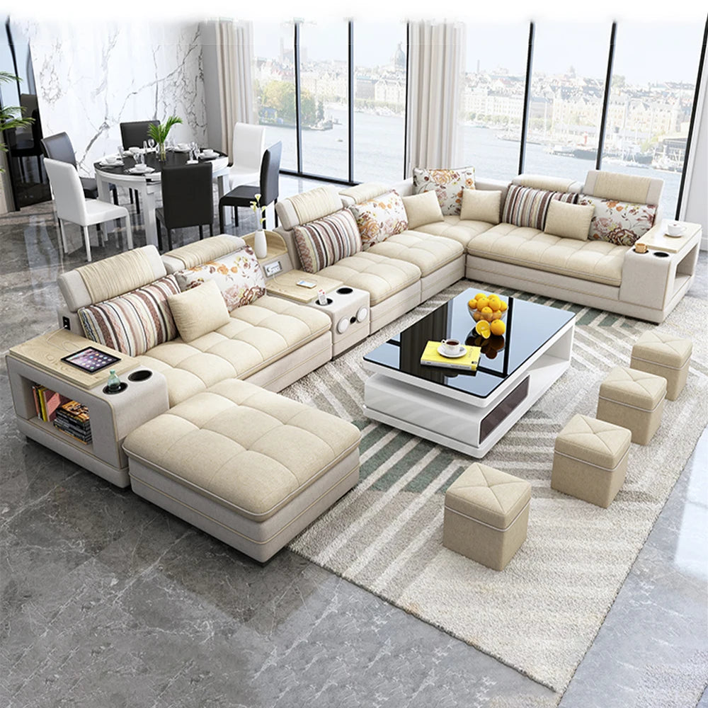 Conjunto de sofás nórdicos de tela MINGDIBAO con altavoz Bluetooth y USB - Sofás modulares modernos para sala de estar, sofá esquinero grande de tela en forma de U