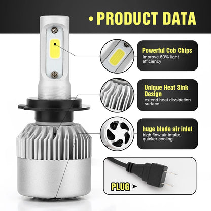 2pcs Ultra-Bright H7 H4 Led Car Headlights 150W High Power 24000Lm 6000K White Cob Chips With Cooling Fan Longer Lifespan