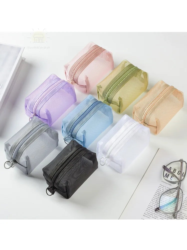 1pc Multifunctional Square Nylon Mesh Storage Bags Travel Portable Urltra-Light Mini Wash Bags Mini Zipper Coin Purse