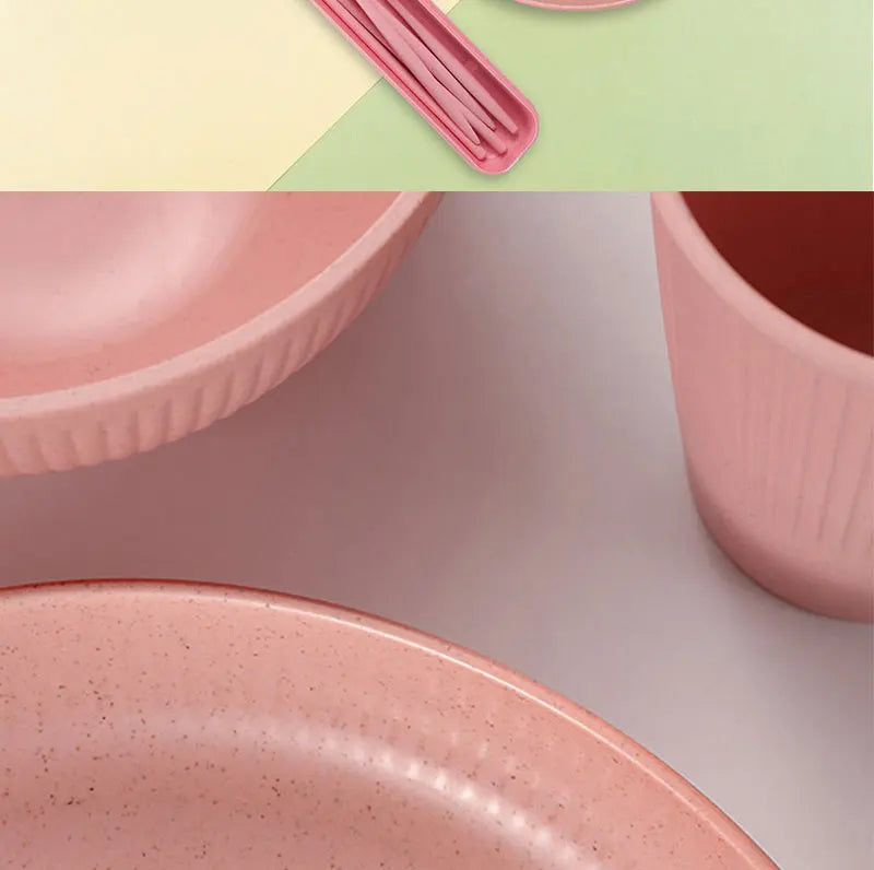36pcs Plate Sets Wheat Straw Eco-Friendly Ramen Bowl Tableware Dinner Dishes Set Camping Tableware Set With Knife Fork Spoon