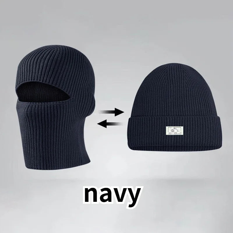 Winter 2 in1 Mask Beanies Hats Warm Knitted Balaclava Hats Windproof Solid Full Face Ski Bonnet Tactical Cycling Earmuffs Cap