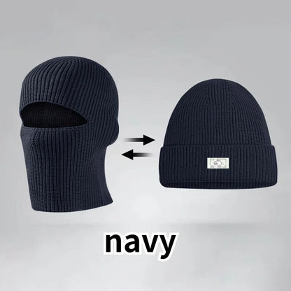 Winter 2 in1 Mask Beanies Hats Warm Knitted Balaclava Hats Windproof Solid Full Face Ski Bonnet Tactical Cycling Earmuffs Cap
