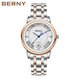 BERNY Women Watch Ladies Quartz Roman Numerals Day Top Calendar Watches Sapphire Glass Solid Steel Strap Women Wristwatch