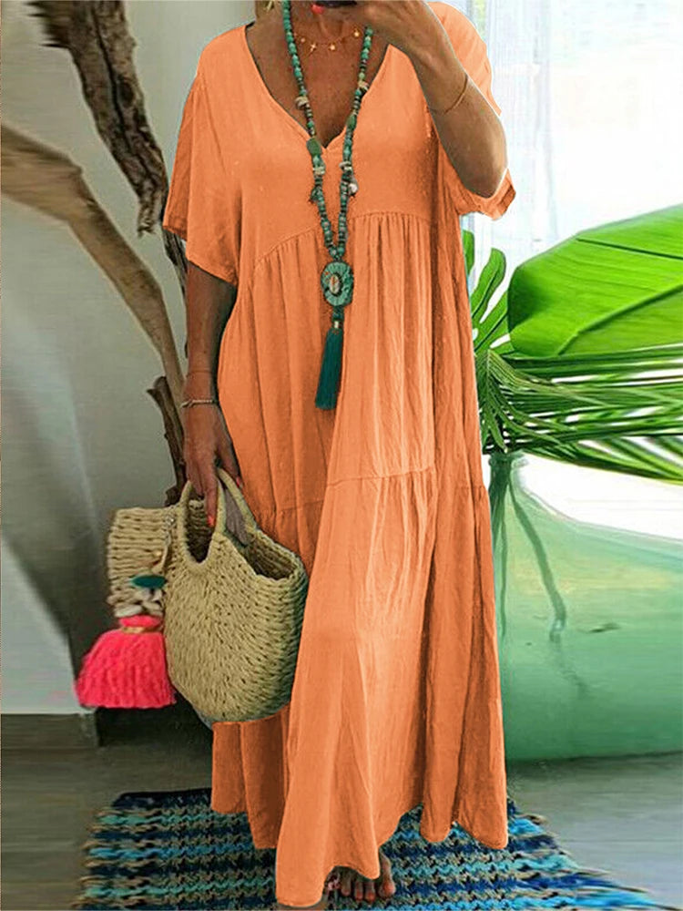 Plus Size 2025 Summer New V-neck Short Sleeve Pleated Solid Colour Loose Casual Midi Dress Basic Hem Pleated