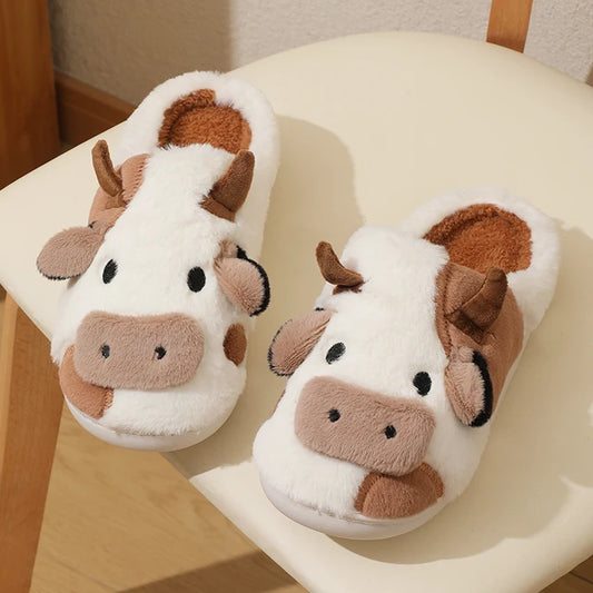 Unisex Cartoon Cow Warm Plush Slippers Non-slip Indoor Slides Couple Home Cotton Shoes Toe Wrap New Winter 