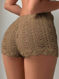 Polyester100.00% Hollow Drawstring Open Waist Knitted Bikini Blocked Women's Shorts