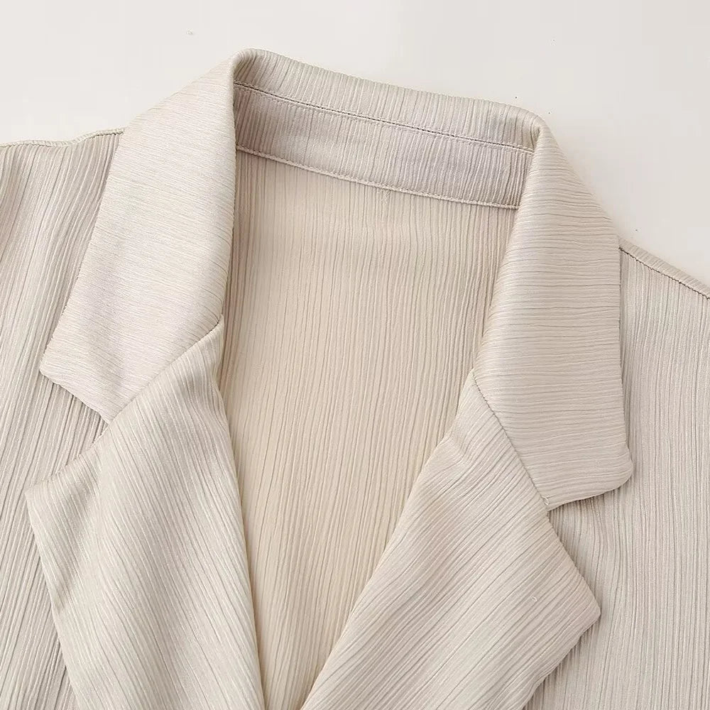 Conjunto de chaqueta y pantalón de traje cruzado con efecto arrugado para mujer, primavera y verano 2024, estilo europeo y americano