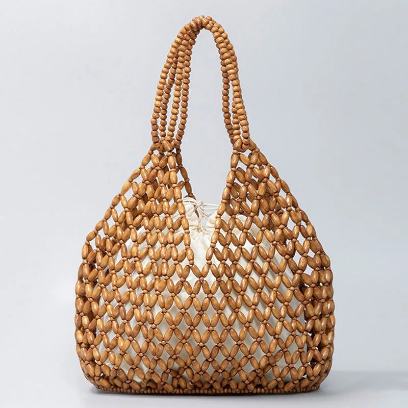 Handmade Woven Beaded Handbag For Women Exquisite Hollow-out Wooden Beaded Shoulder Bag Female Beach Bag