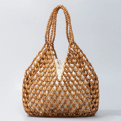 Handmade Woven Beaded Handbag For Women Exquisite Hollow-out Wooden Beaded Shoulder Bag Female Beach Bag