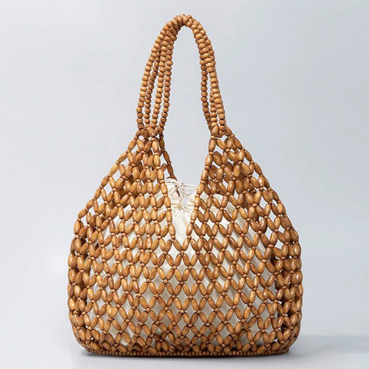 Handmade Woven Beaded Handbag For Women Exquisite Hollow-out Wooden Beaded Shoulder Bag Female Beach Bag