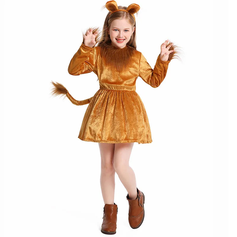 2025 New Arrival Animal King Halloween Cosplay Toddler Lion Dress Up With Headband Lion Dress Girls Lioness Costume