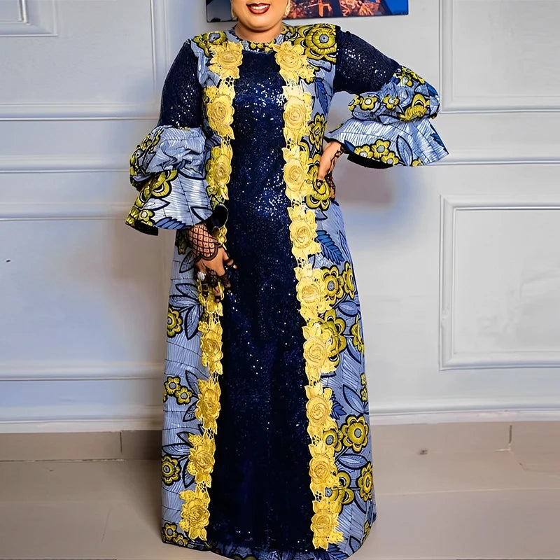 Plus Size VONDA Bohemian Women Flared Long Sleeve Maxi Dress Casual Vestidos Round Neck Loose Print Sundress Ruffles Long Robes