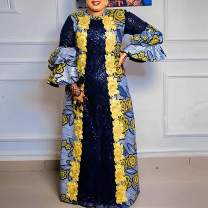 Plus Size VONDA Bohemian Women Flared Long Sleeve Maxi Dress Casual Vestidos Round Neck Loose Print Sundress Ruffles Long Robes
