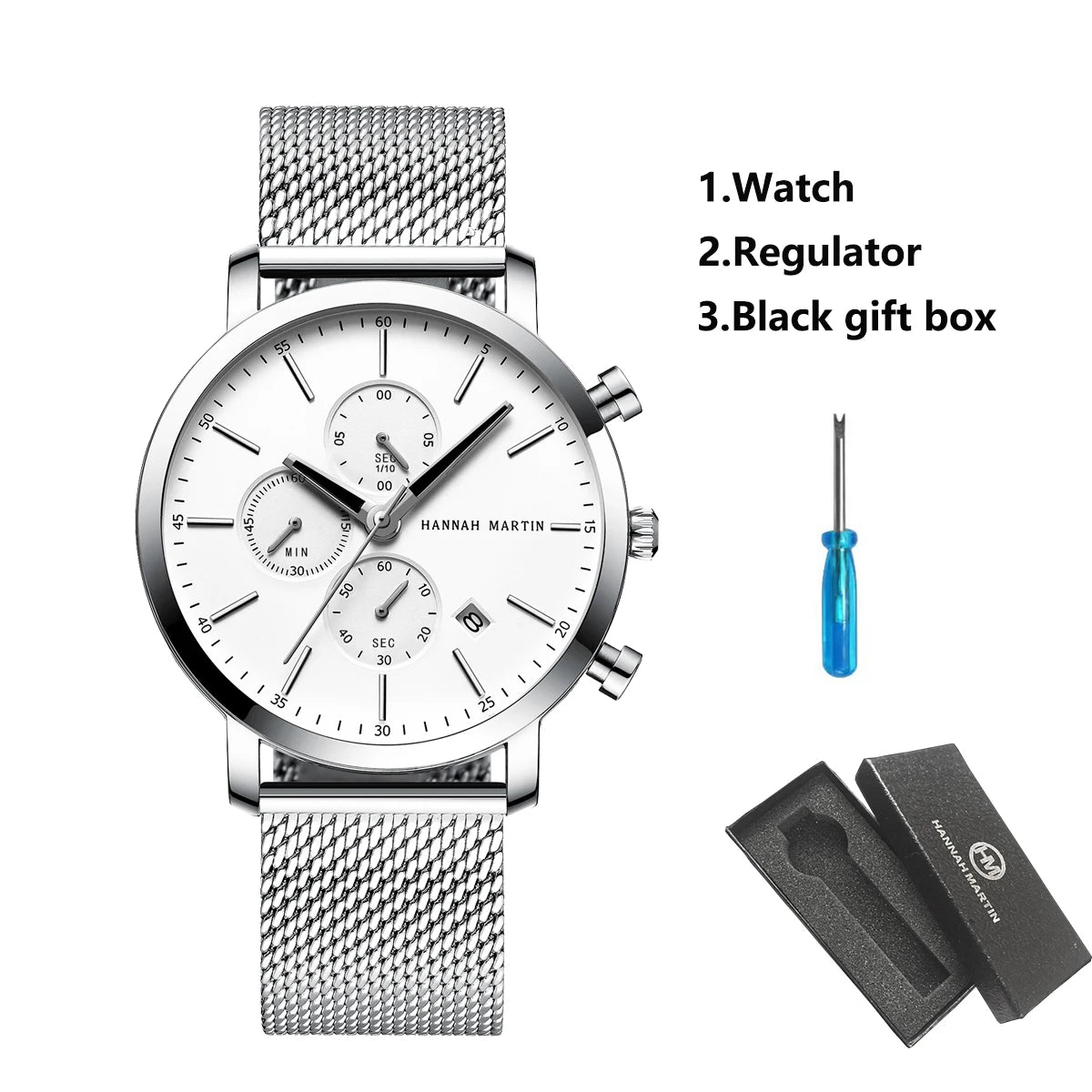 HANNAH MARTIN Brand Men Watch Black Stainless Steel Waterproof Fashion Sports Multifunctional Quartz Wristatch Relogio Masculino