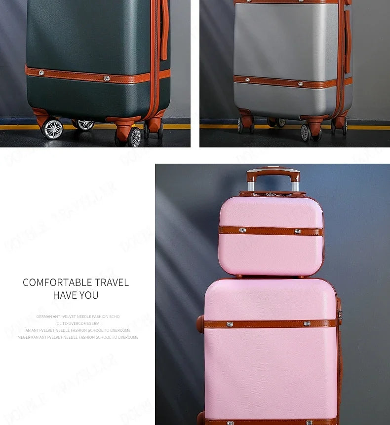 Rolling Luggage Set Women's Fashion Combination Lock Travel Suitcase Set Universal Cosmetic Bag Retro 2-Piece Trolley Luggage Set