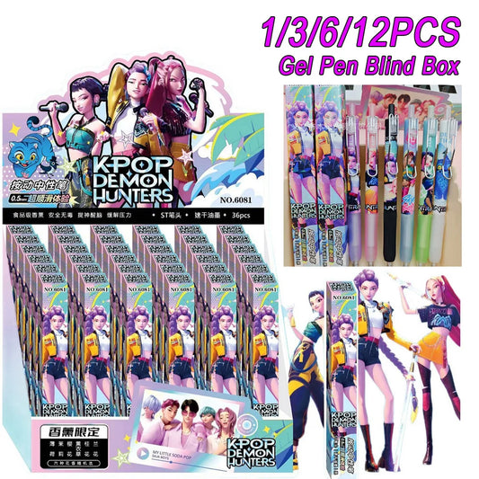 1/3/6/12Pcs KPop Demon Hunters Black Gel Pen Blind Box Student Writing Pen Anime Figure Stationery Study Supplies Gift 0.5mm