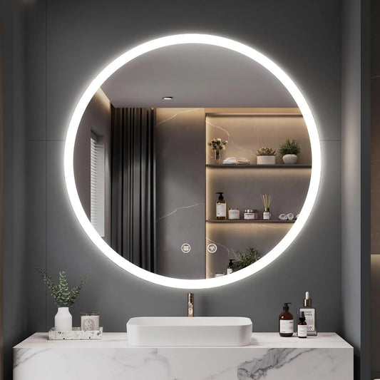 Round LED Bathroom Mirror with Lighting and Anti-Fog, Dimable Wall Makeup mirror Built-In fuse for Bathroom Makeup mirror