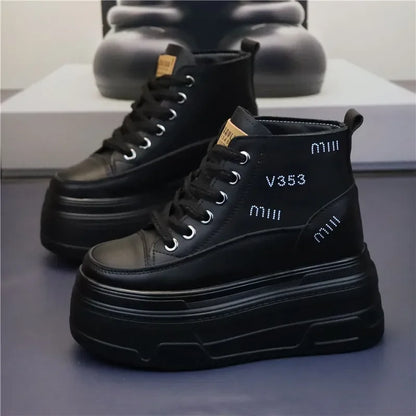 High Top Fashion Sneakers White Chunky Platform Wedge Shoes 12cm 14cm Height Increased Woman Sports Casual Shoe Tennis Female