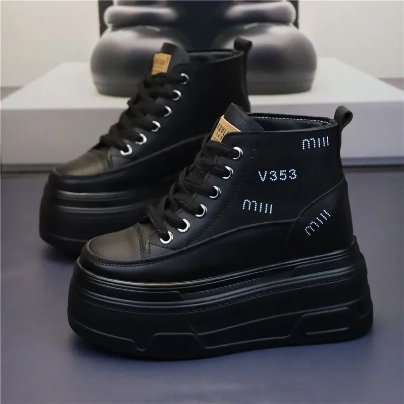 High Top Fashion Sneakers White Chunky Platform Wedge Shoes 12cm 14cm Height Increased Woman Sports Casual Shoe Tennis Female