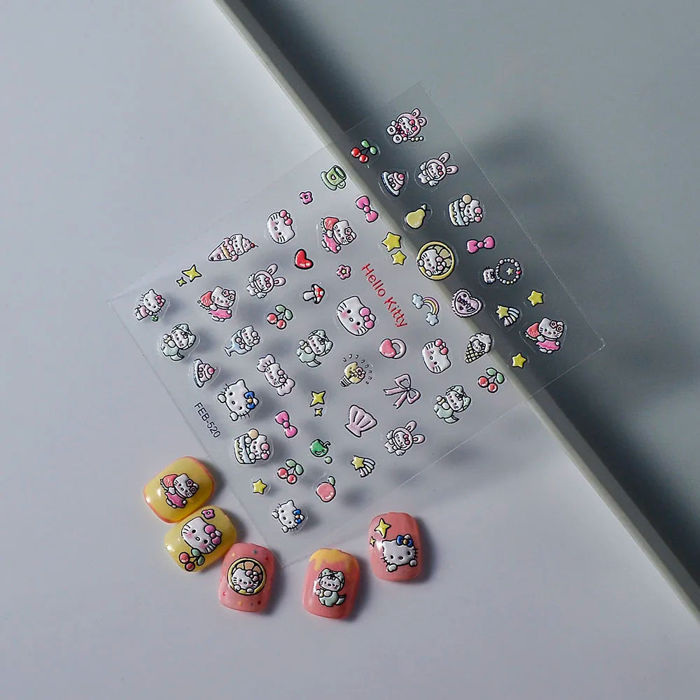 Sanrio Anime 5D Nail Stickers Hello Kitty Kurome Cartoon Stickers Nail Decoration Cute Melody Nail Art Decals Nail Art Supplies