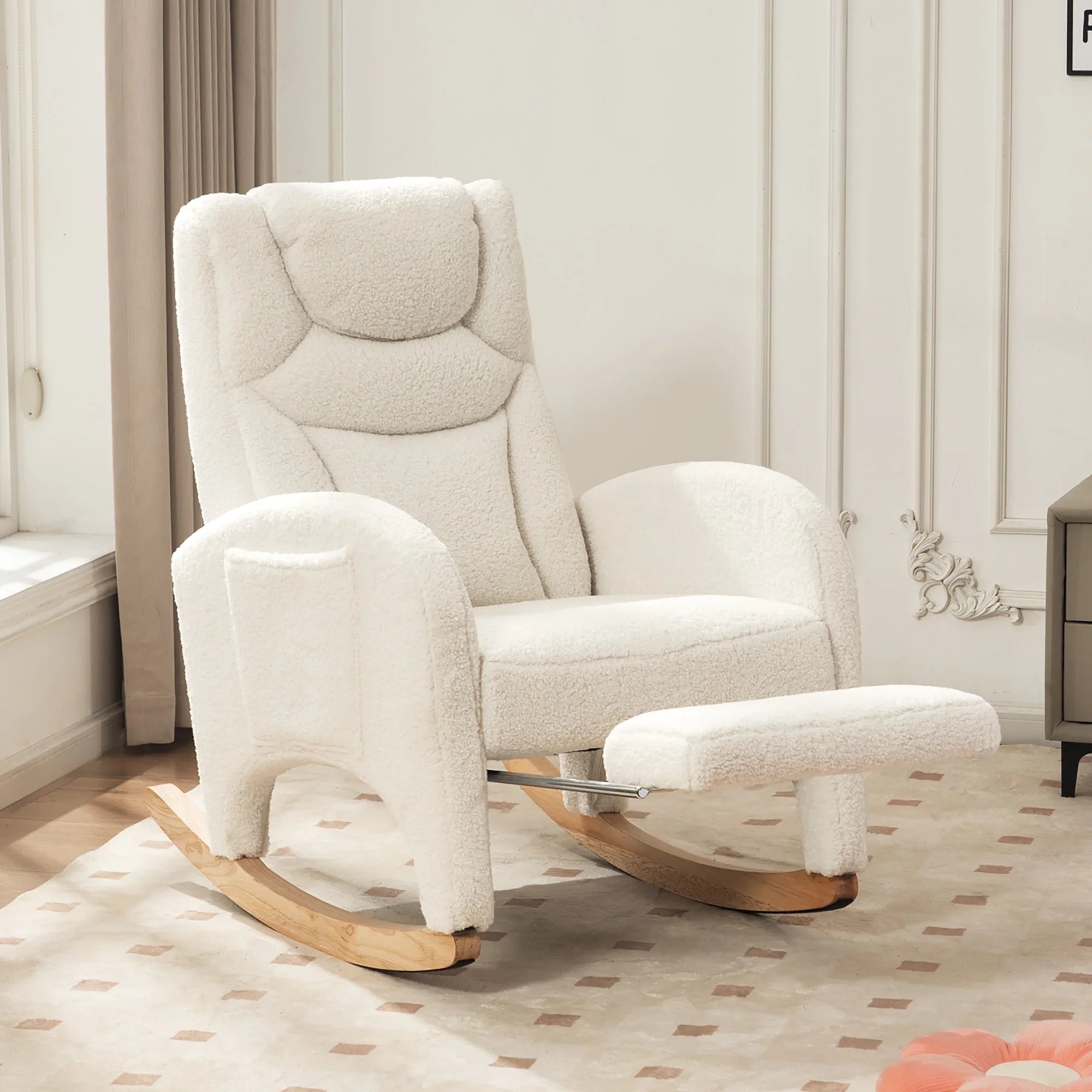 Anajqaqia Rocking Chair, Recliner, Living Room Chair with Armrests, Upholstered, Accent Chair for Bedroom, White Teddy Fabric