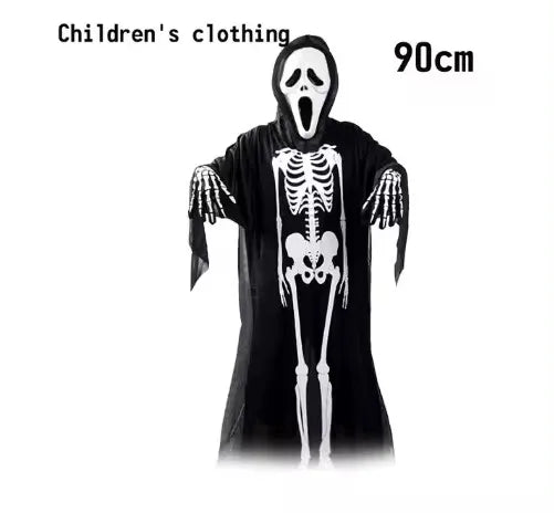 Halloween Death God Play Costume, Kids and Adults Horrible Skeleton Costume, Black Ghost Robe and Sickle, Enjoy Game Party