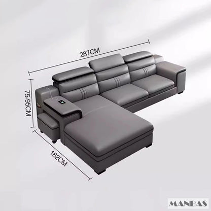 MINGDIBAO Leather Sectional Sofa Set with Cup Holder, USB, Adjustable Headrests & Bluetooth Speaker Living Room Couch with Stool