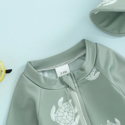 Traje de baño Tregren para niños pequeños, de manga larga, con estampado de tortuga y dinosaurio, con gorro de baño y ropa de playa.