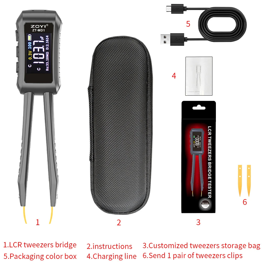 ZOYI MD1 Mini Smart Tweezer LCR SMD ESR Tester Resistance Capacitance Inductance Continuity Diode Test Measurement Tools