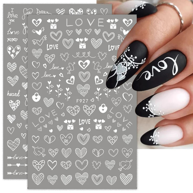 1Sheet 3D Red Heart Laser Nail Sticker Black Letter Star Line Self-Adhesive Slider Valentine's Day Series Nail Decals Decoration