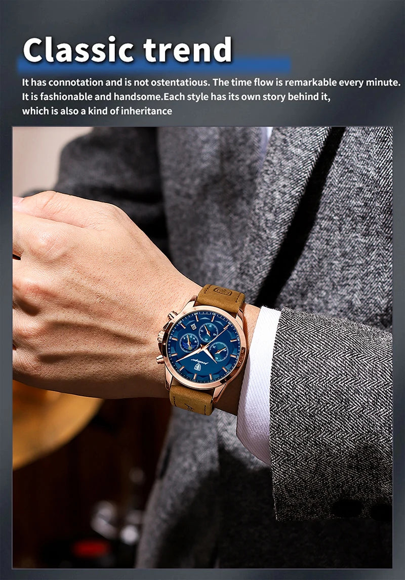 POEDAGAR Genuine Leather Men's Watch Fashion Luminous Calendar Stopwatch Male Clock Waterproof Moon Phase Quartz Wristwatch Man