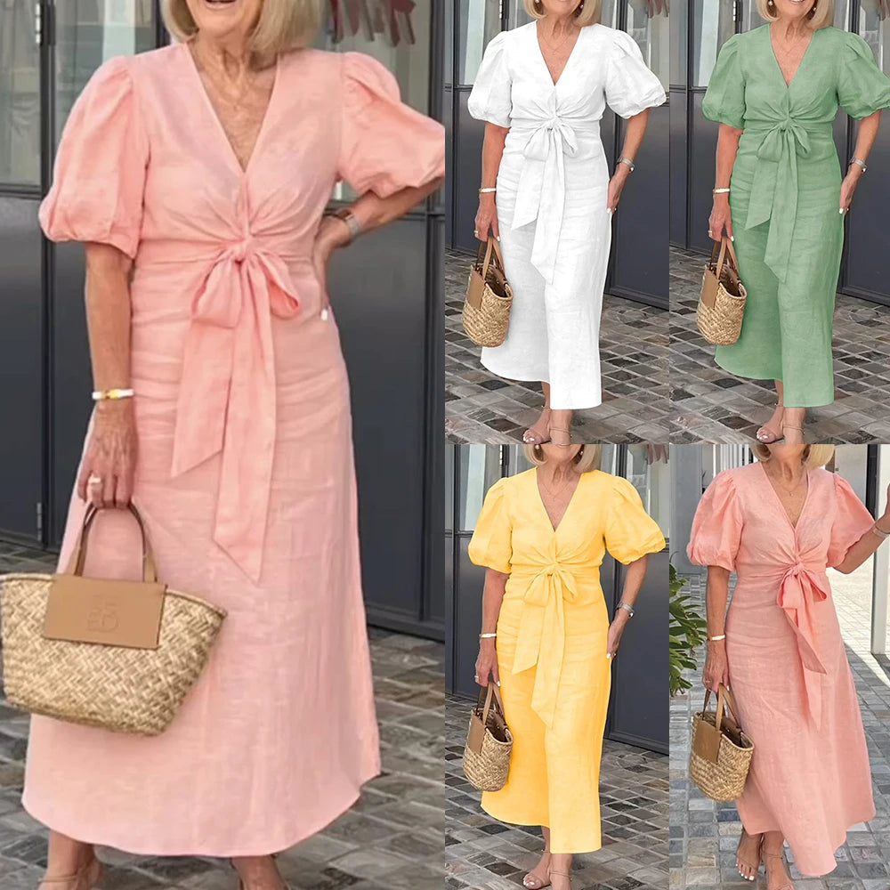 Plus size feminino sólido elegante com decote em v rendas puff manga maxi vestido verão casual praia vestido de verão para senhoras xl 2xl 3xl 4xl 5xl