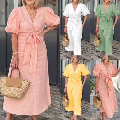 Plus size feminino sólido elegante com decote em v rendas puff manga maxi vestido verão casual praia vestido de verão para senhoras xl 2xl 3xl 4xl 5xl