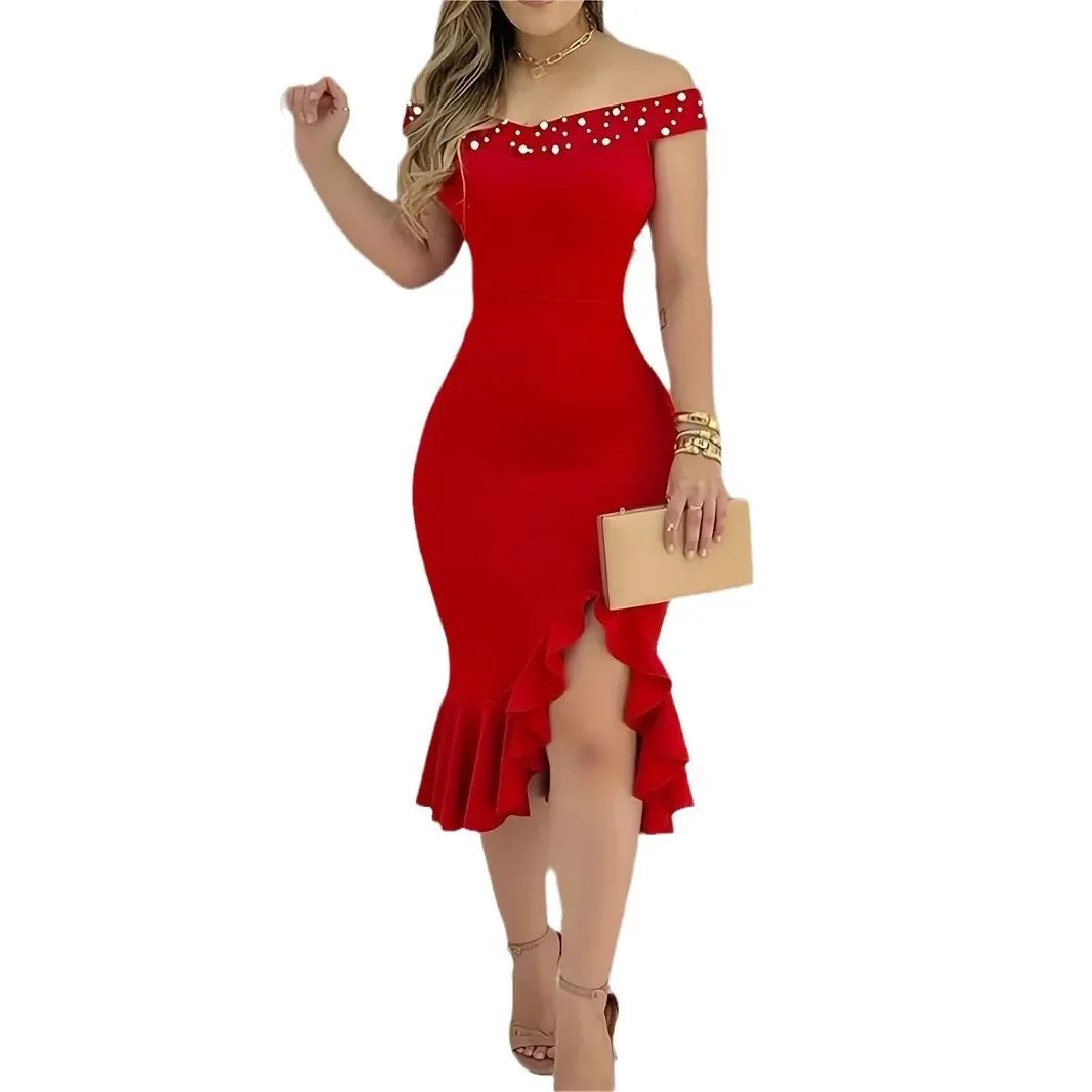 Plus Size 2024 New Amazon Off-Shoulder Dress Fashionable Women's Sexy Ruffle Edge Dress Plus Size Ladies Clothing