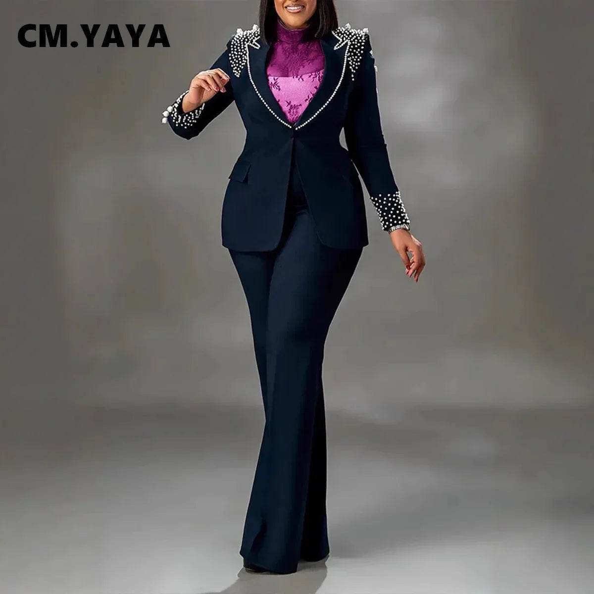 CM.YAYA Conjunto de dos piezas de chaqueta de manga larga y pantalón ancho para mujer, con empalme de perlas, para invierno y otoño de 2024