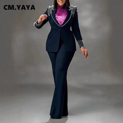 CM.YAYA Conjunto de dos piezas de chaqueta de manga larga y pantalón ancho para mujer, con empalme de perlas, para invierno y otoño de 2024