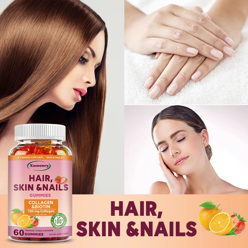 Hair, Skin & Nails Gummy Vitamins - Contains Biotin, Collagen - Promotes Hair Growth, Nourishes Skin, Strengthens NailsSupplemen