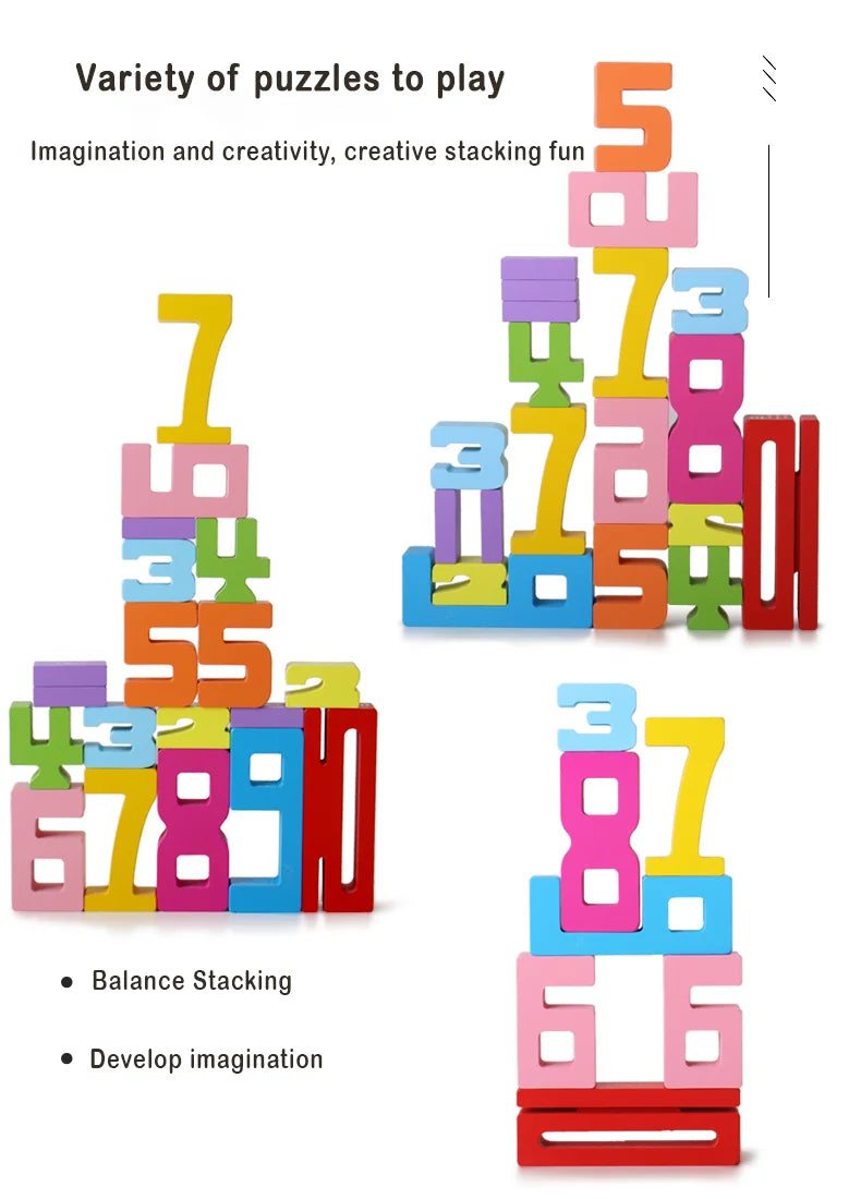 Wooden educational digital blocks, creative puzzles, stacking toys, fun brain teasers, early education topics, Montessori style