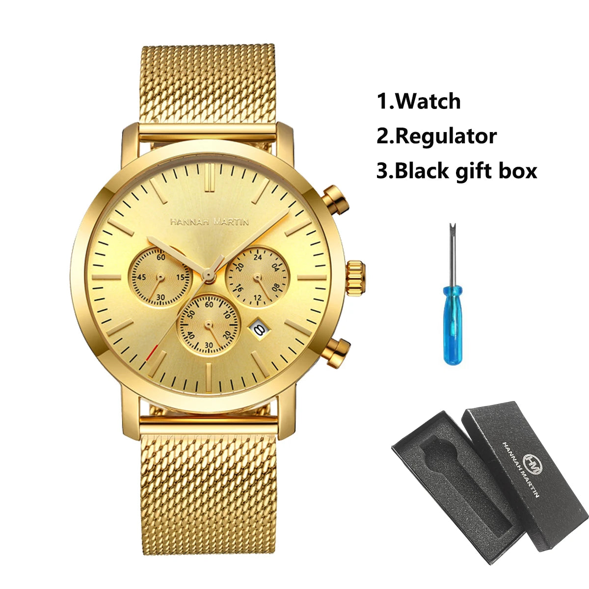 HANNAH MARTIN Brand Men Watch Black Stainless Steel Waterproof Fashion Sports Multifunctional Quartz Wristatch Relogio Masculino