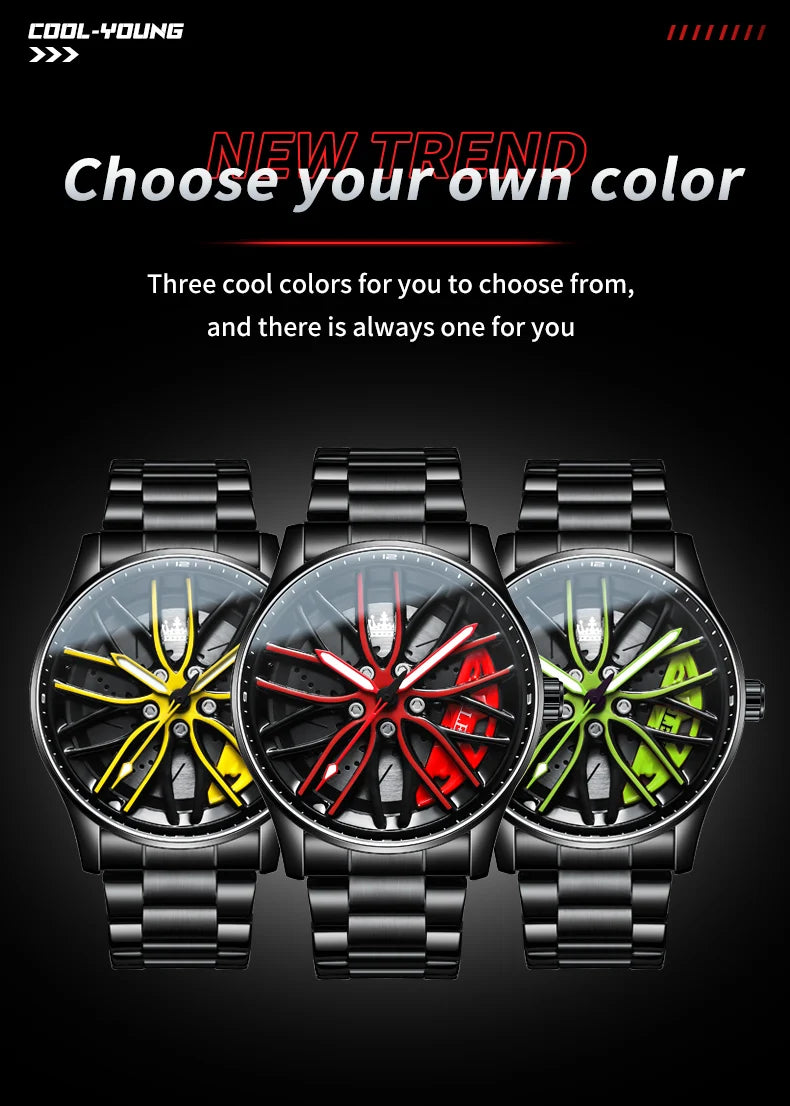 Reloj de lujo OLEVS Wheel para hombre, resistente al agua, con llanta giratoria deportiva, de cuarzo, de alta calidad y a la moda, el más vendido.