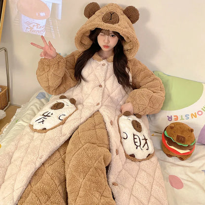 Plus Size Cartoon Coral Fleece Nightgown Pants Two Piece Sets for Women Winter Flannel Thicken Kawaii Bunny Hooded Pajamas Suit