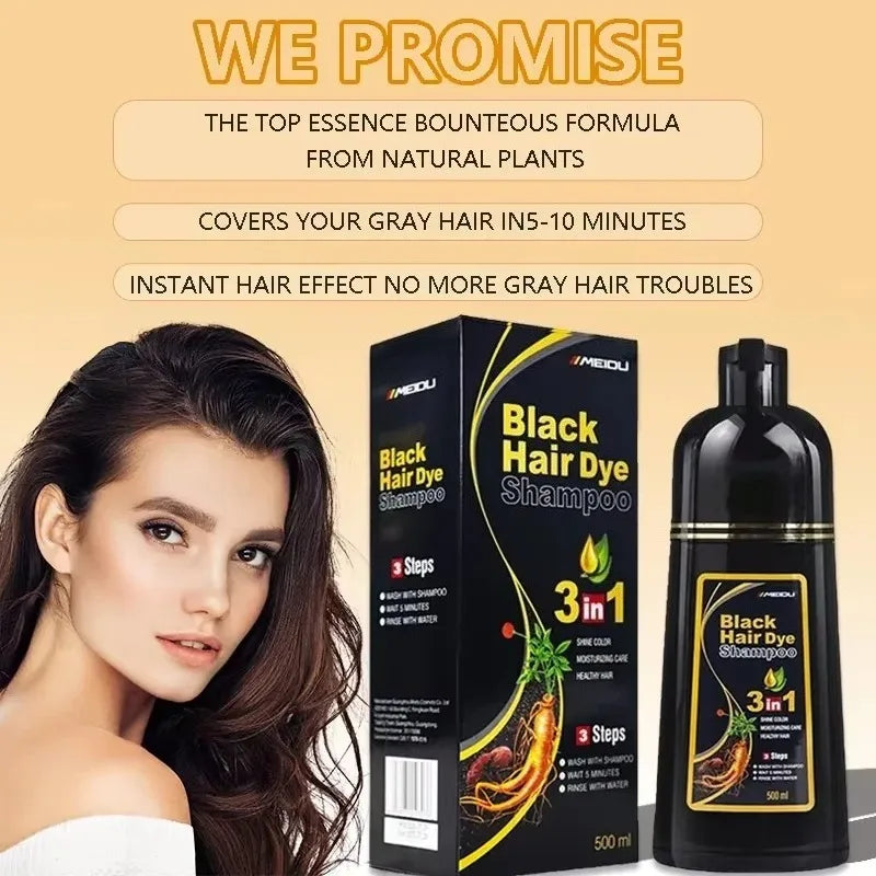 Shampoo de Coloração Instantânea Meidu 3 em 1 – Cor Preto Natural para Homens e Mulheres – Tinta de Cabelo à Base de Ervas (Opções: Castanho, Roxo)
