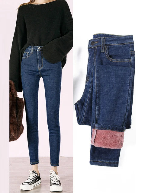 2023 Mujeres Jeans Térmicos Invierno Nieve Cálido Felpa Elástico Jeans Señora Skinny Espesar Polar Denim Pantalones Largos Retro Lápiz Pantalones
