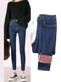 2023 Mujeres Jeans Térmicos Invierno Nieve Cálido Felpa Elástico Jeans Señora Skinny Espesar Polar Denim Pantalones Largos Retro Lápiz Pantalones