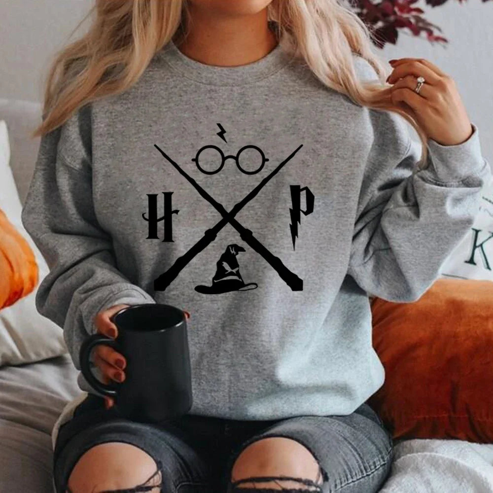 Sudadera con sombrero de mago, sudadera con varita de mago, jerséis HP, sudaderas con capucha gráficas unisex de manga larga, sudaderas de escuela de magia, ropa de calle, top